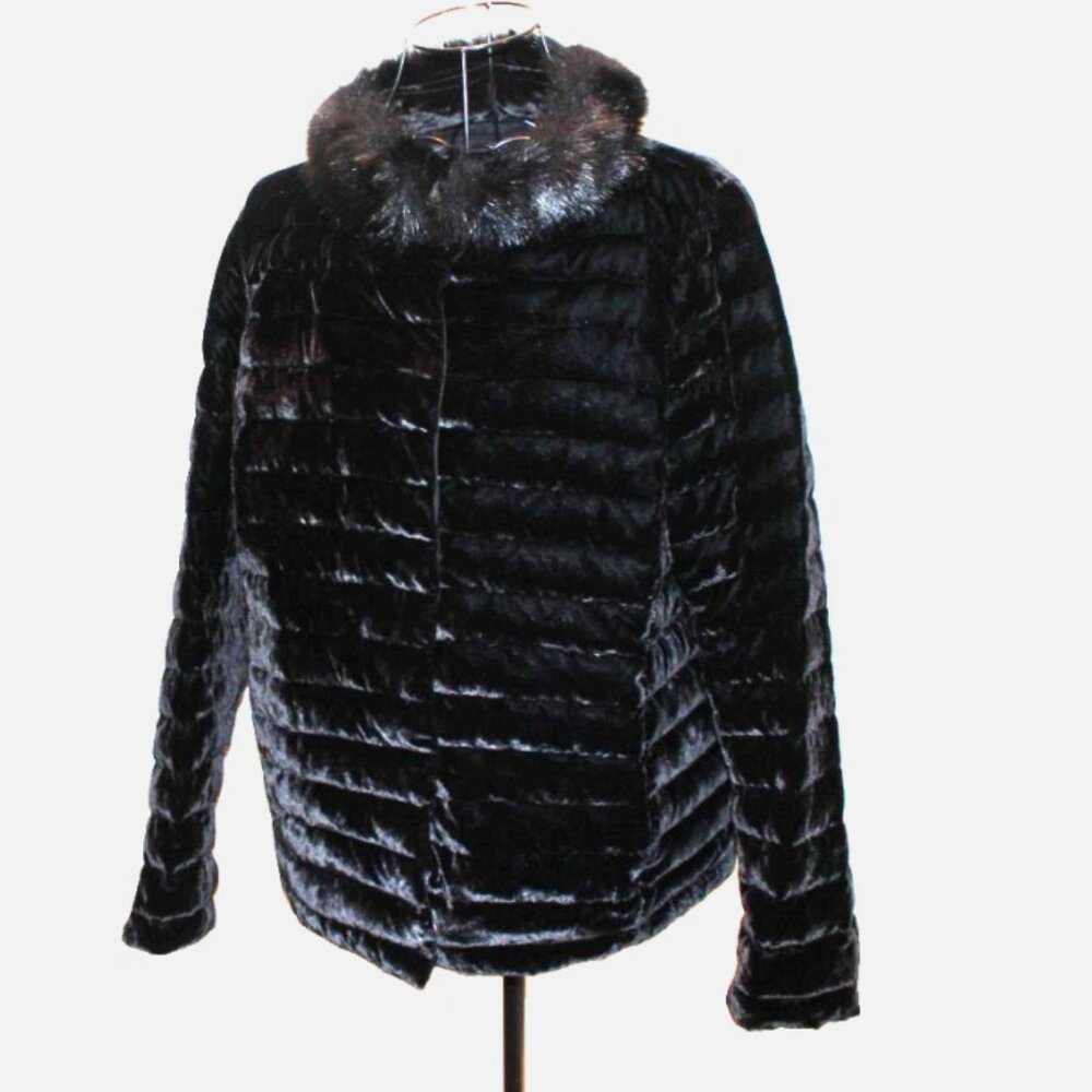 New Talbots Black Jacket Quilted Velvet Shell Removable Faux Fur Collar Sz 8 NWT